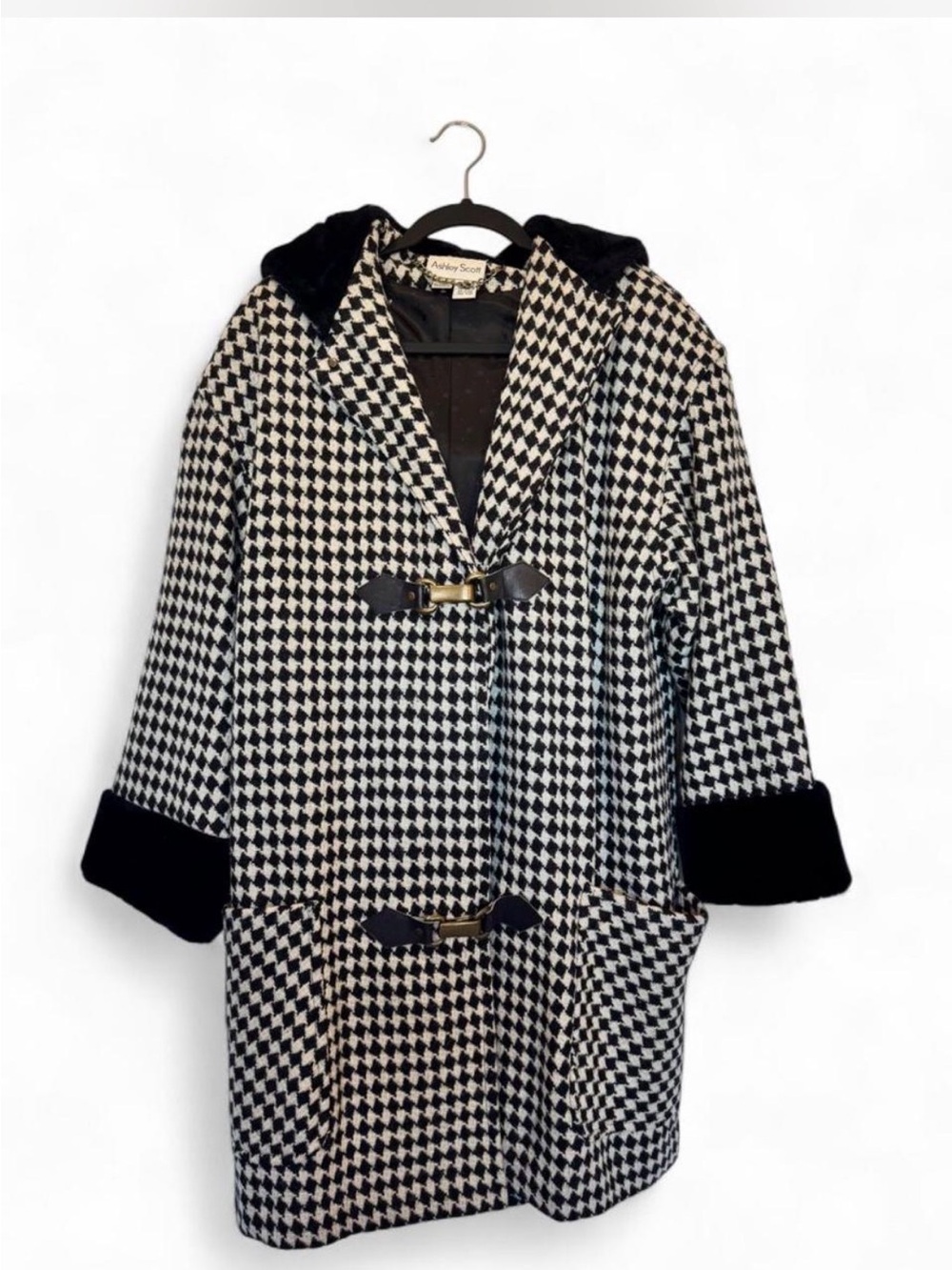 Vintage 90s Wool Blend Houndstooth Hooded Coat- Mob Wife Old Hollywood Statement